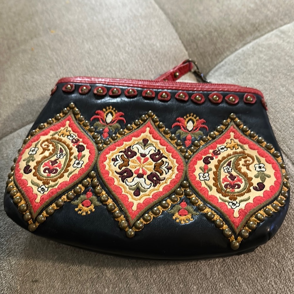 Isabella Fiore Clutch Bag Evening wristlet smooth leather studded embroidery